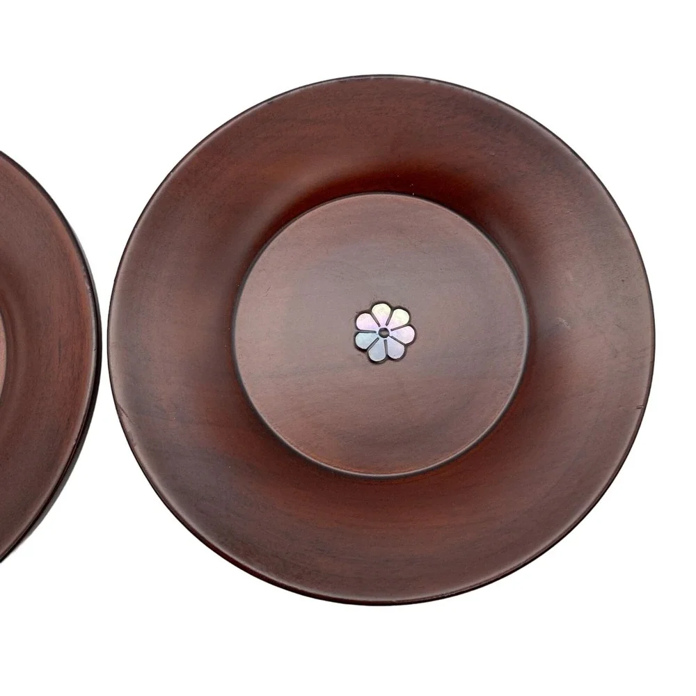 Wooden lidded vanity trinket dish jar Mother of pearl inlay mahogany turned poli